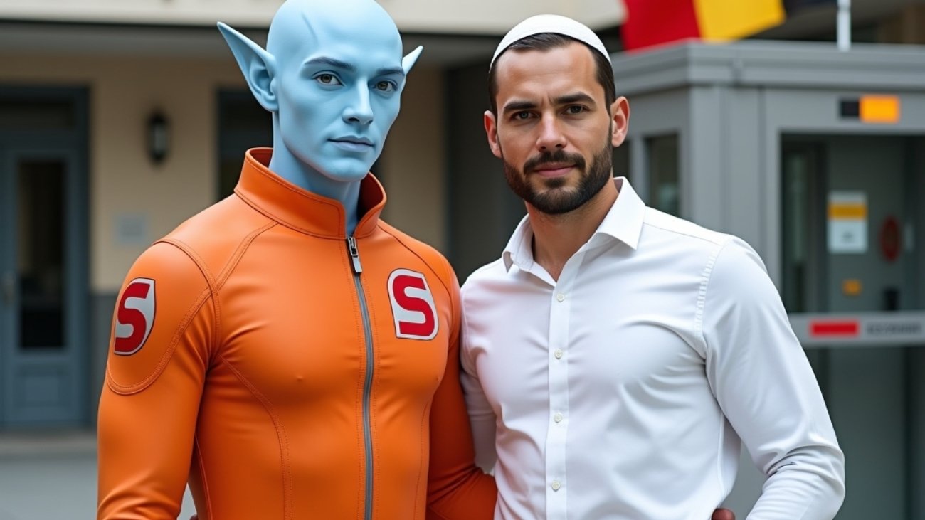 Shalzed and Simon outside embassy of Belgium