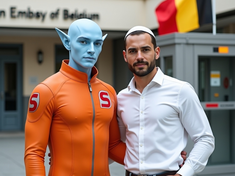 Shalzed and Simon outside embassy of Belgium