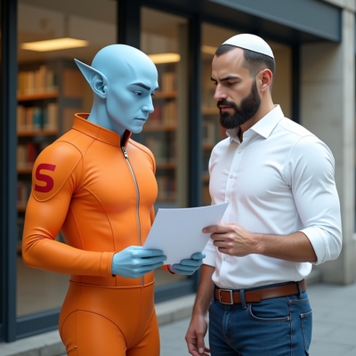 shalzed and simon looking at the megillah outside the library
