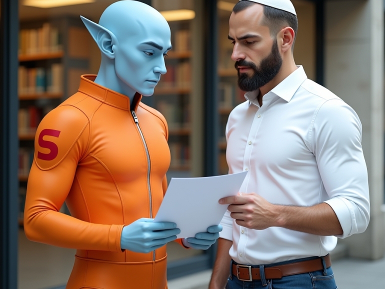 shalzed and simon looking at the megillah outside the library