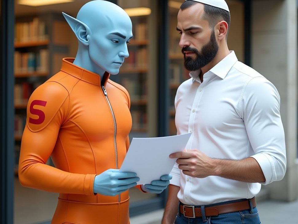 shalzed and simon looking at the megillah outside the library